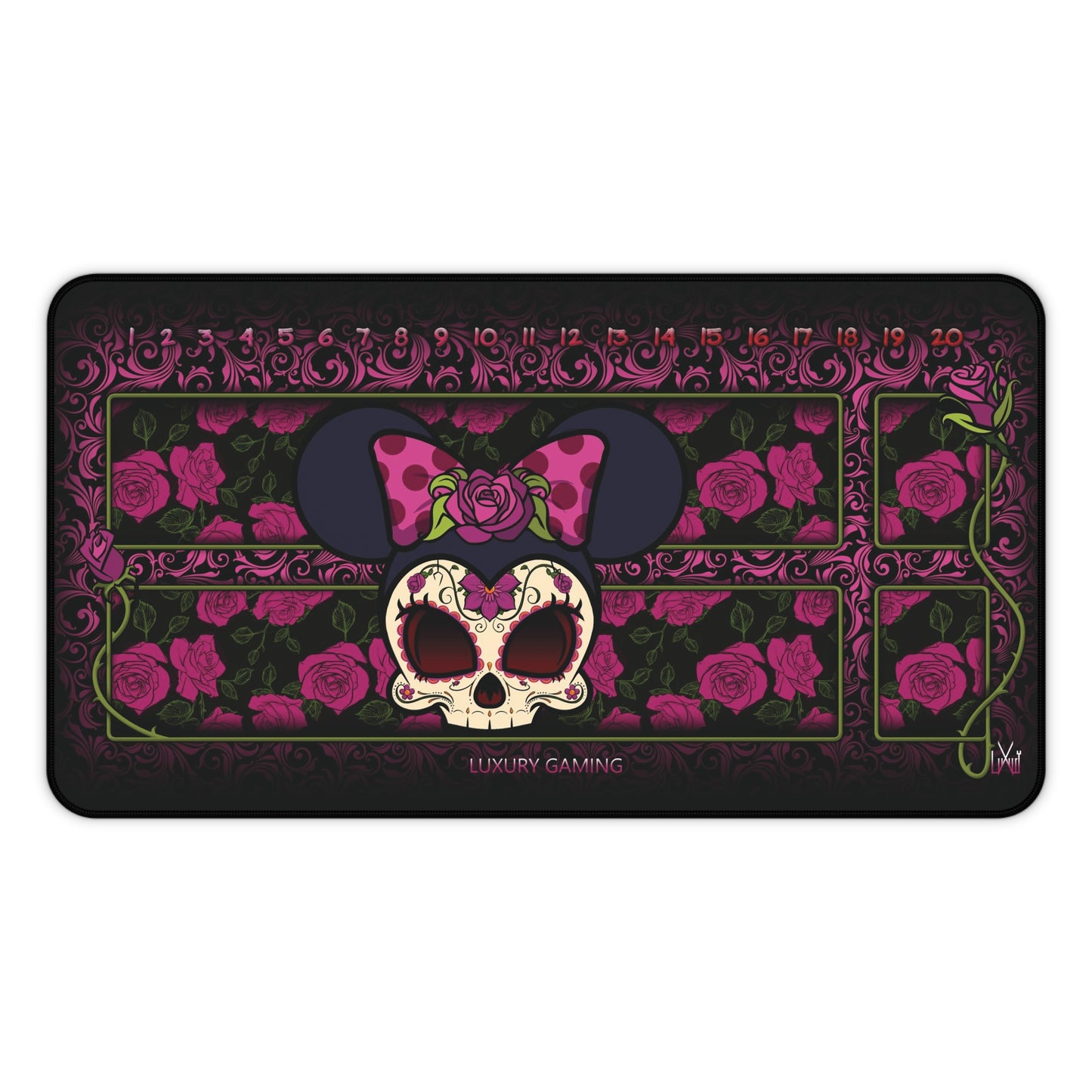 Sugar Skull ROSE TCG rubber playmat with red floral skull artwork and stitched edges