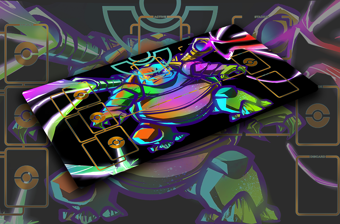 Neon WATER Blastoise Pokémon TCG playmat with electric blue retro artwork and stitched cloth edges