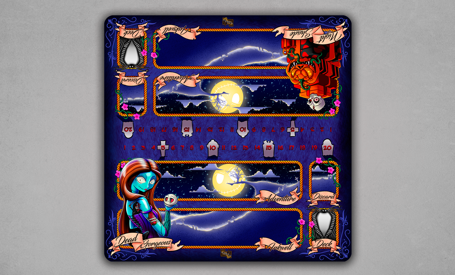 Dead Gorgeous Lorcana Two-Player Cloth Playmat – Sally and Pumpkin Presents