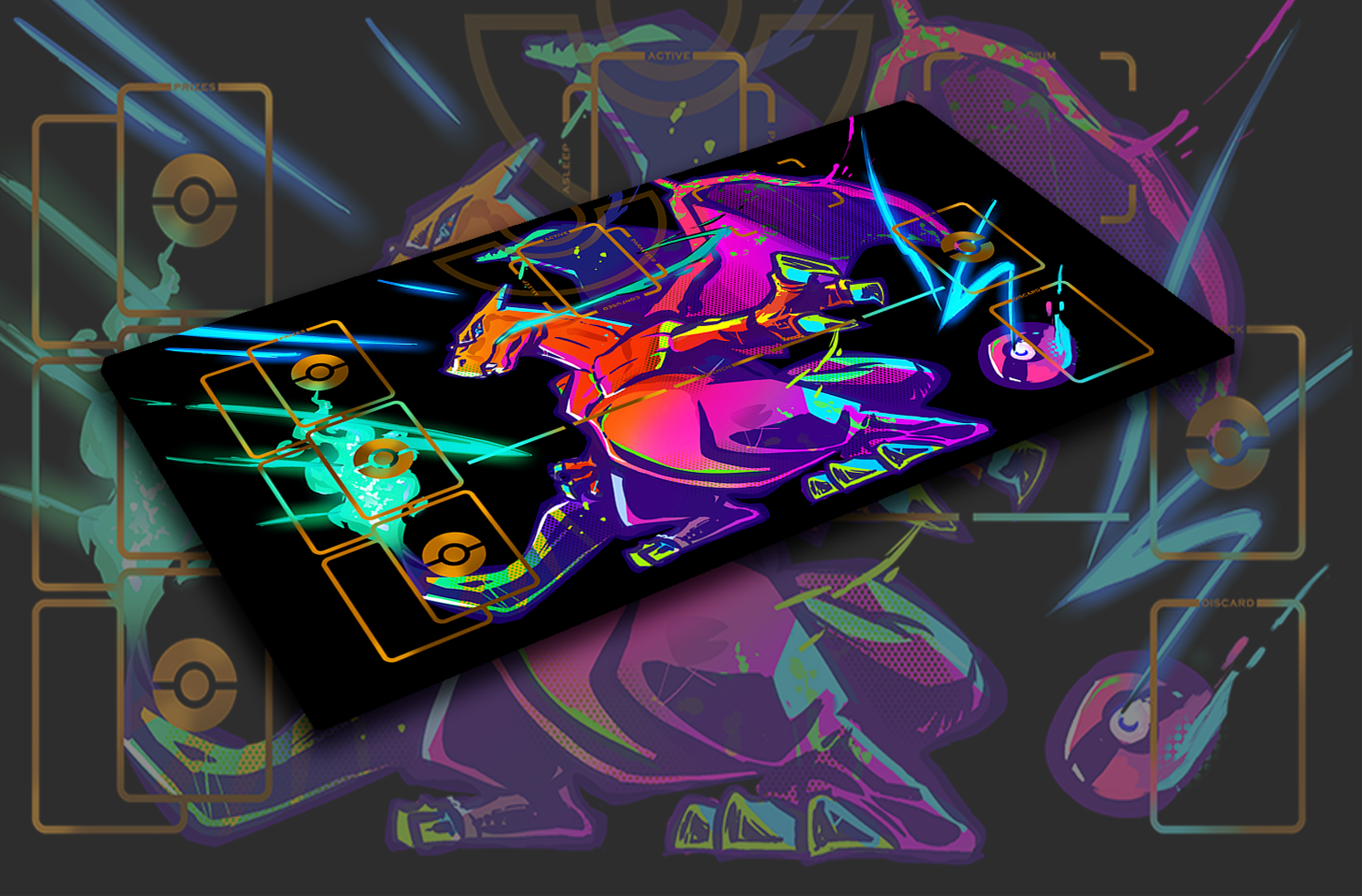 Overhead view of a Neon Charizard Pokémon TCG playmat – black background with neon orange Charizard design and gold card zones.