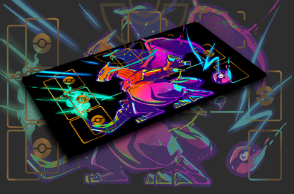 Overhead view of a Neon Charizard Pokémon TCG playmat – black background with neon orange Charizard design and gold card zones.