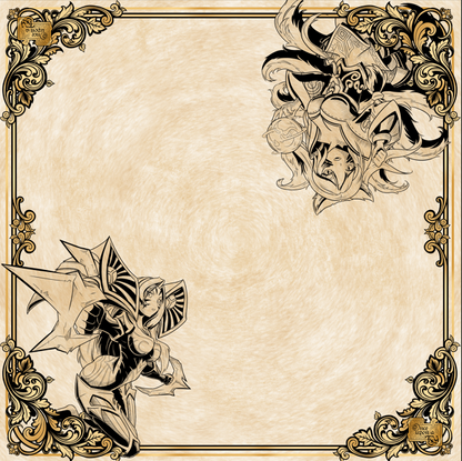 Celestial Clash two-player TCG cloth playmat with fantasy line art of Ahri and Kai’Sa and ornate golden border.